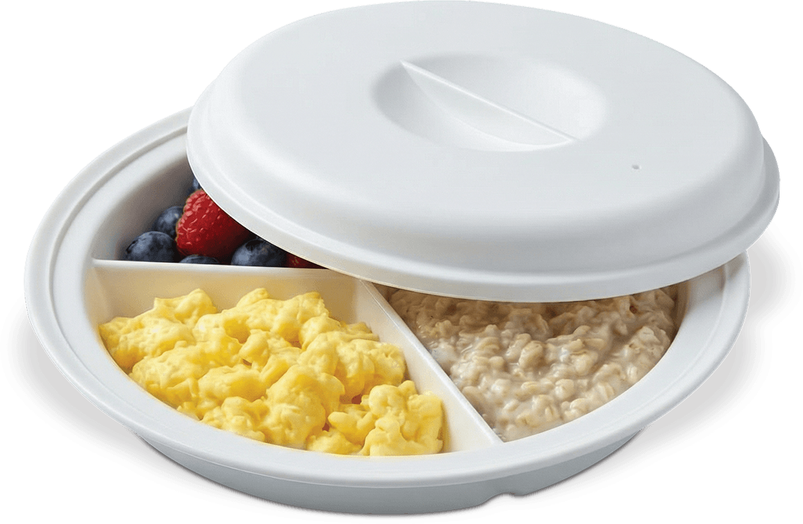 GripWare partitioned scoop dish with vented cover and breakfast meal